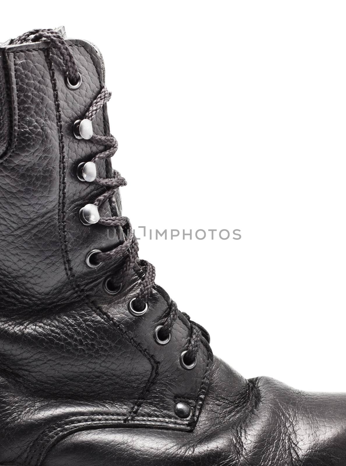 black leather army boot isolated on white