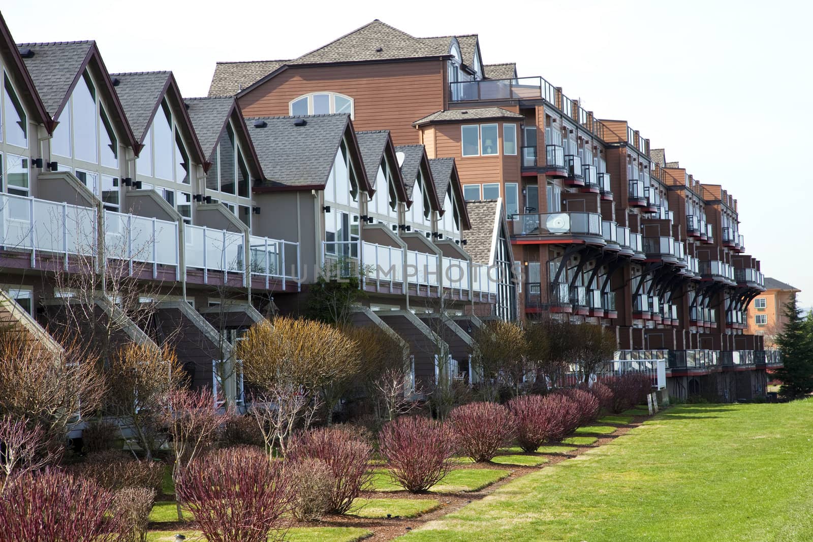 Row of modern condominiums and balconies, Portland OR.