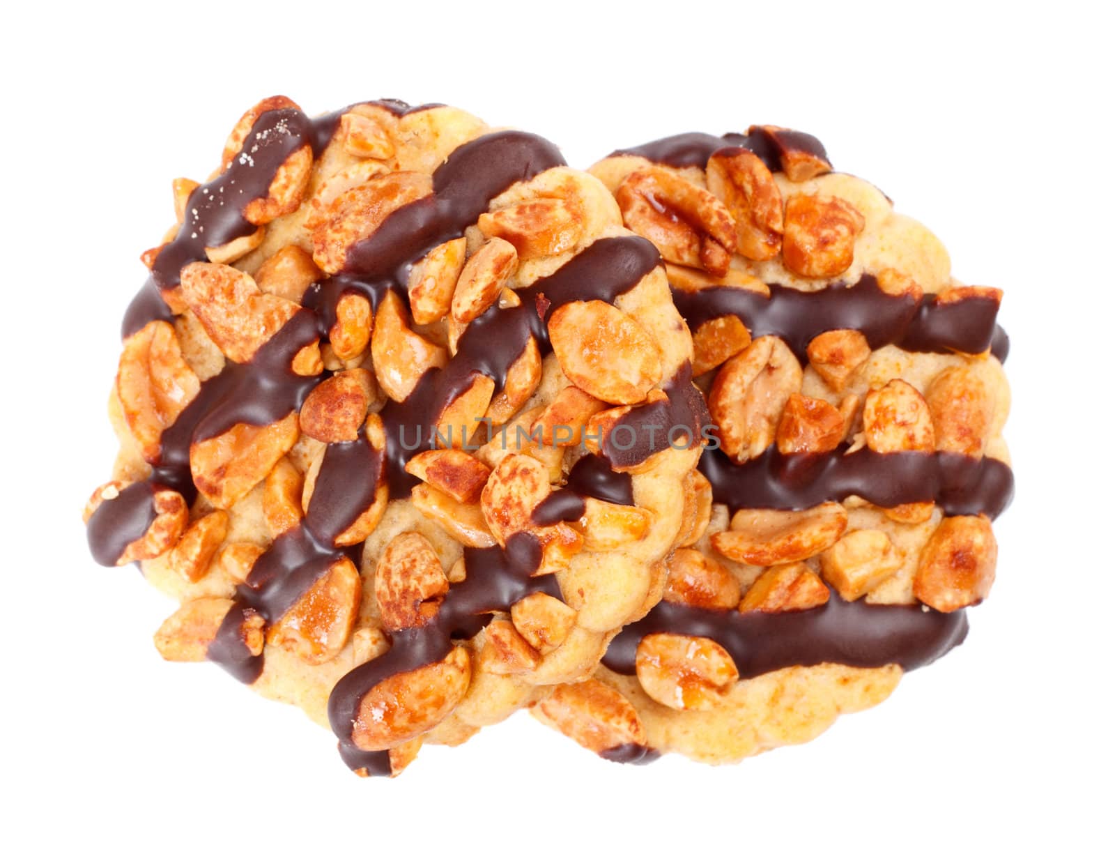 chocolate chip cookies with peanuts, isolated on white