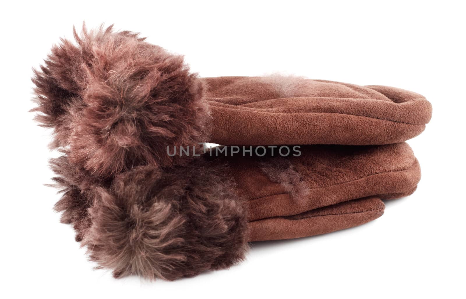 fur suede mittens isolated on white background