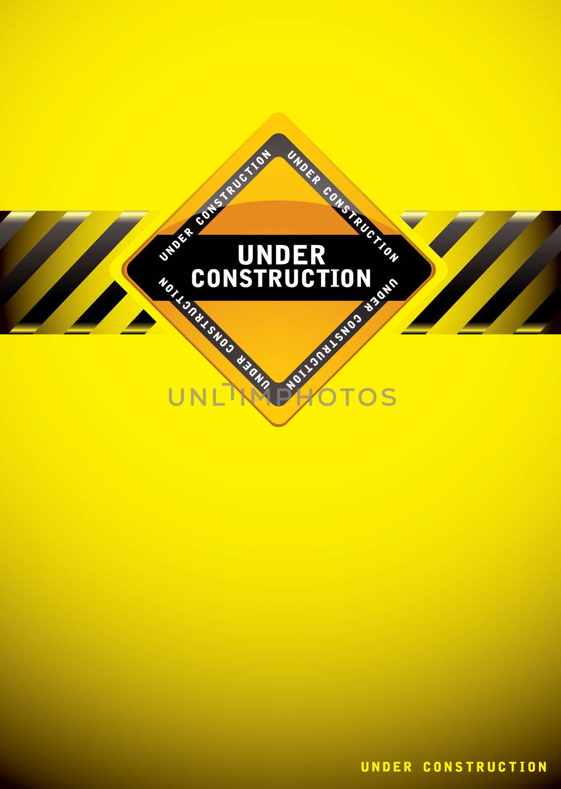 Yellow warning under construction background with sign and hash banner