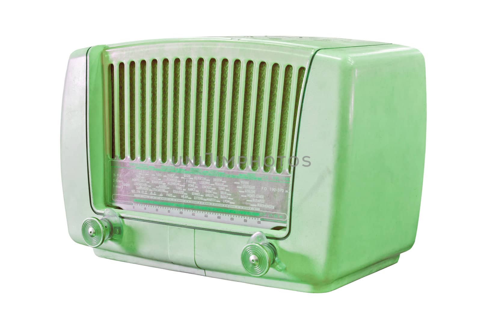 vintage green radio isolated with clipping path