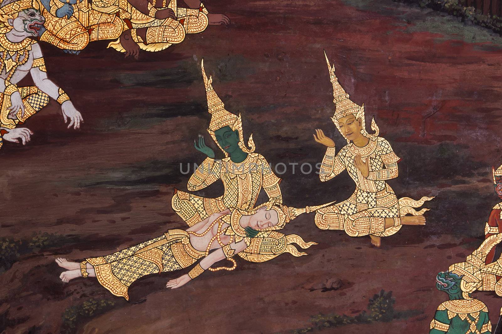 traditional thai style painting on temple wall by tungphoto