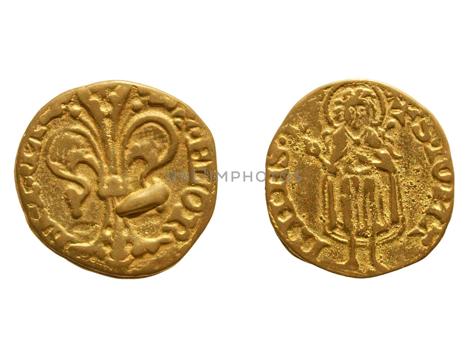 Gold Florin (Fiorino d'oro) coin issued circa 1256 in Florence, Italy - reading "Florentia" on the front side and "S. Iohannes" on the rear side