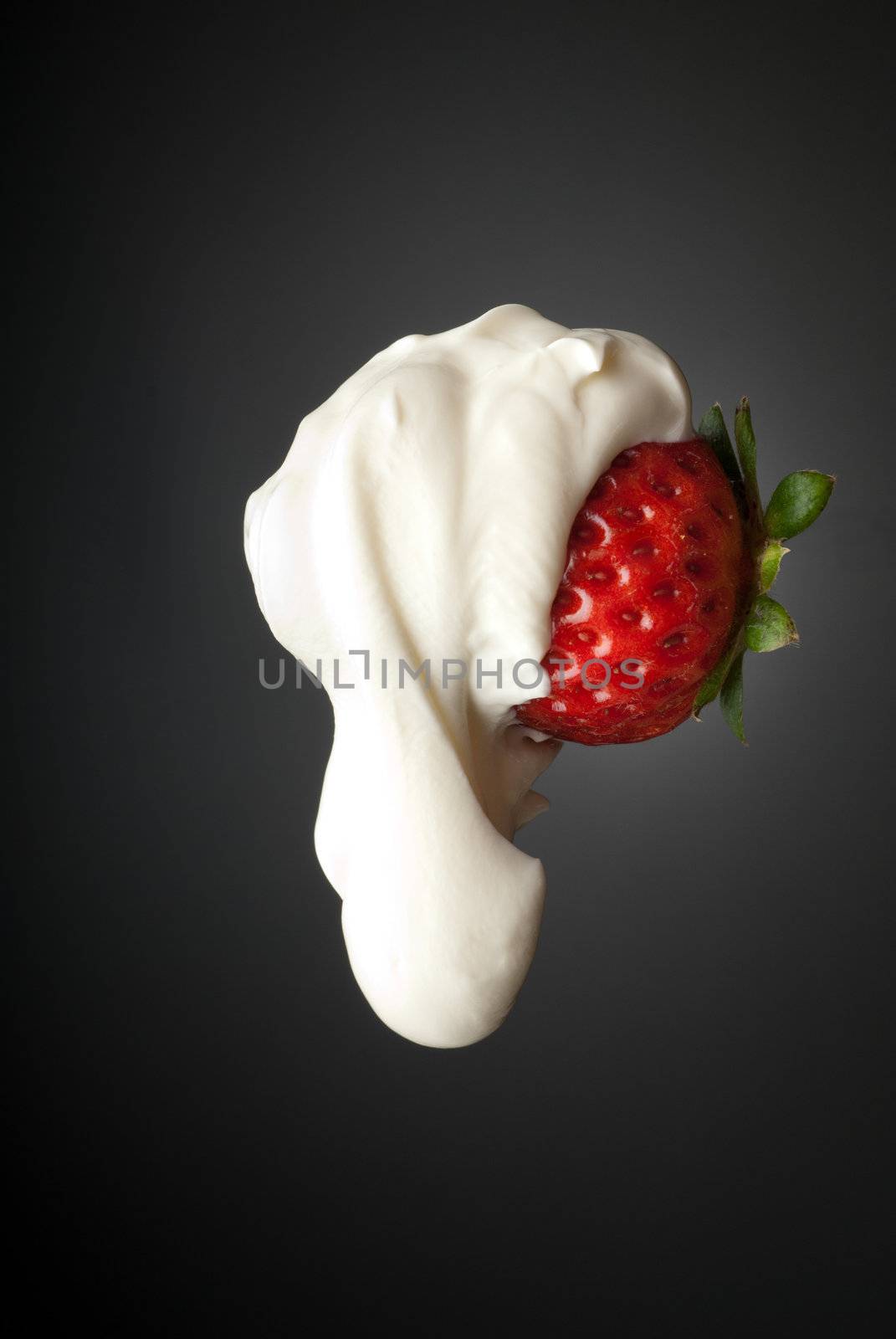 Thick delicious creme on a fresh berry isolated on gray side lighting