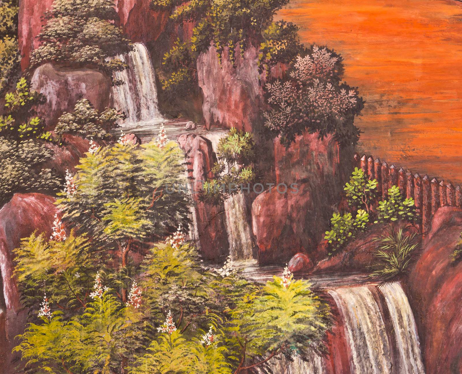 traditional waterfall painting on temple wall