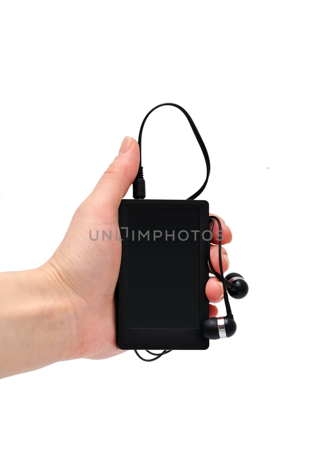 mp4 player in hand  with white background