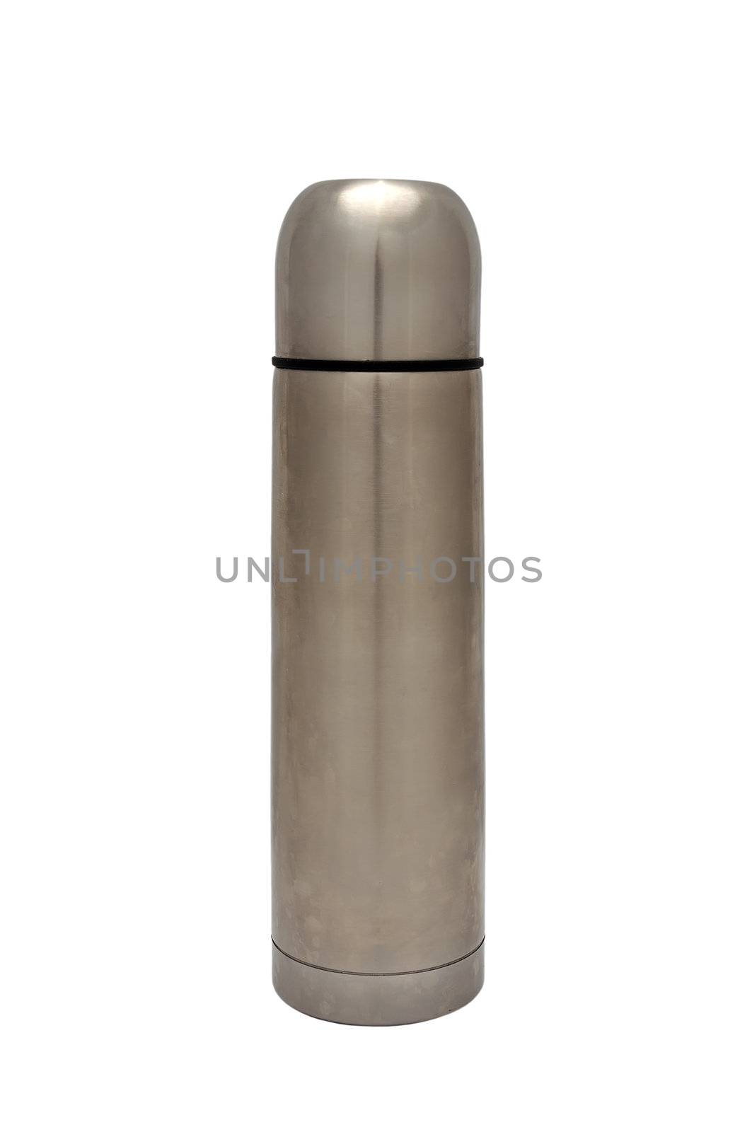 metal thermos on a white background