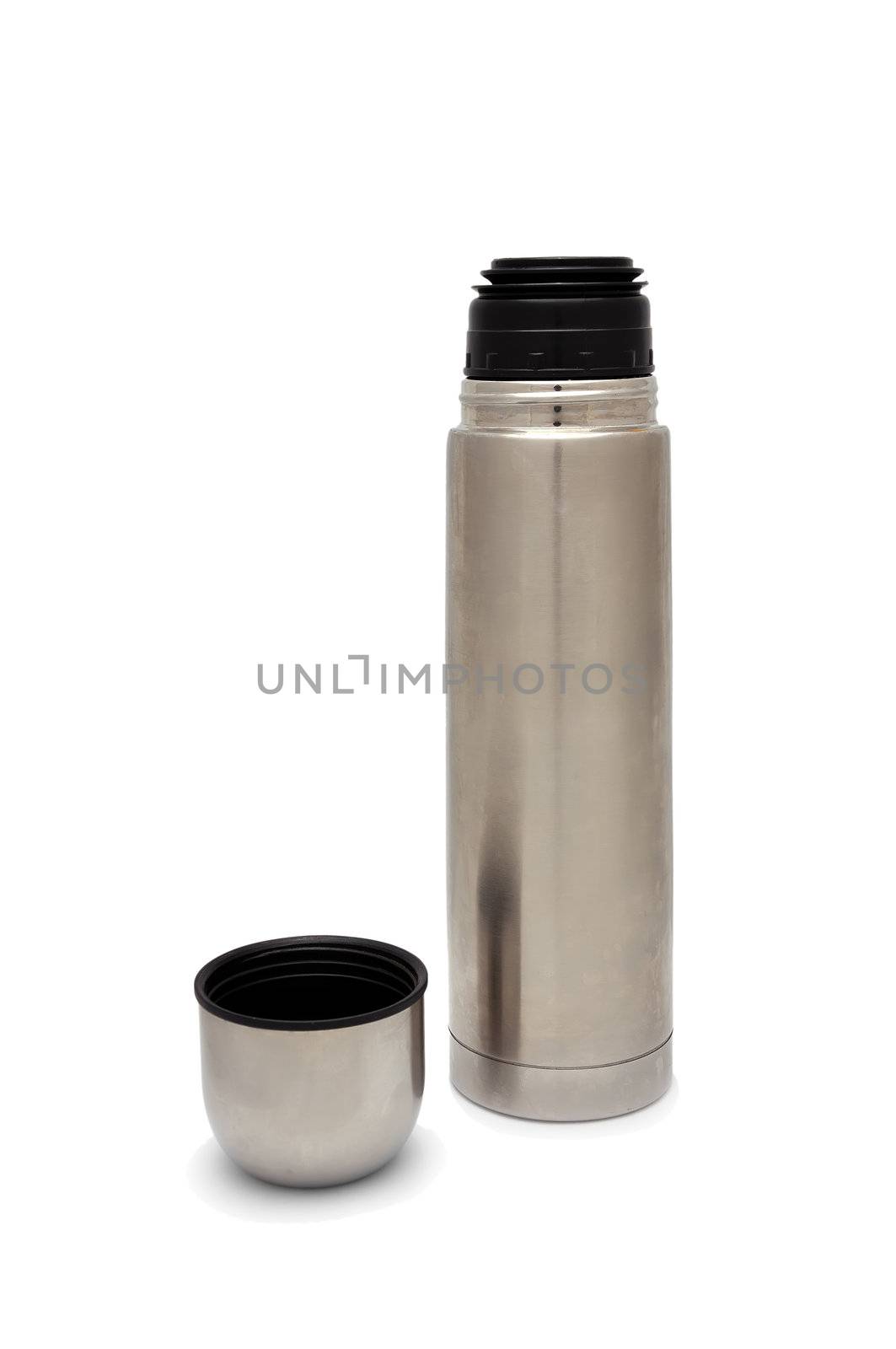 metal thermos on a white background