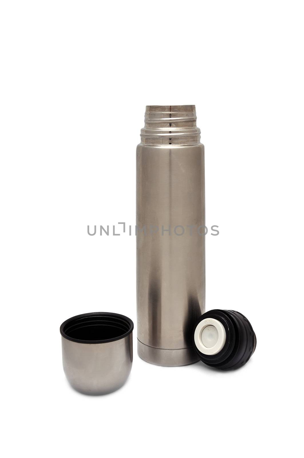 metal thermos on a white background