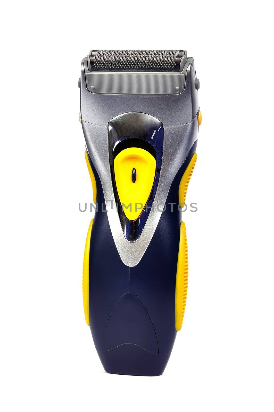 portable electric shaver on white background