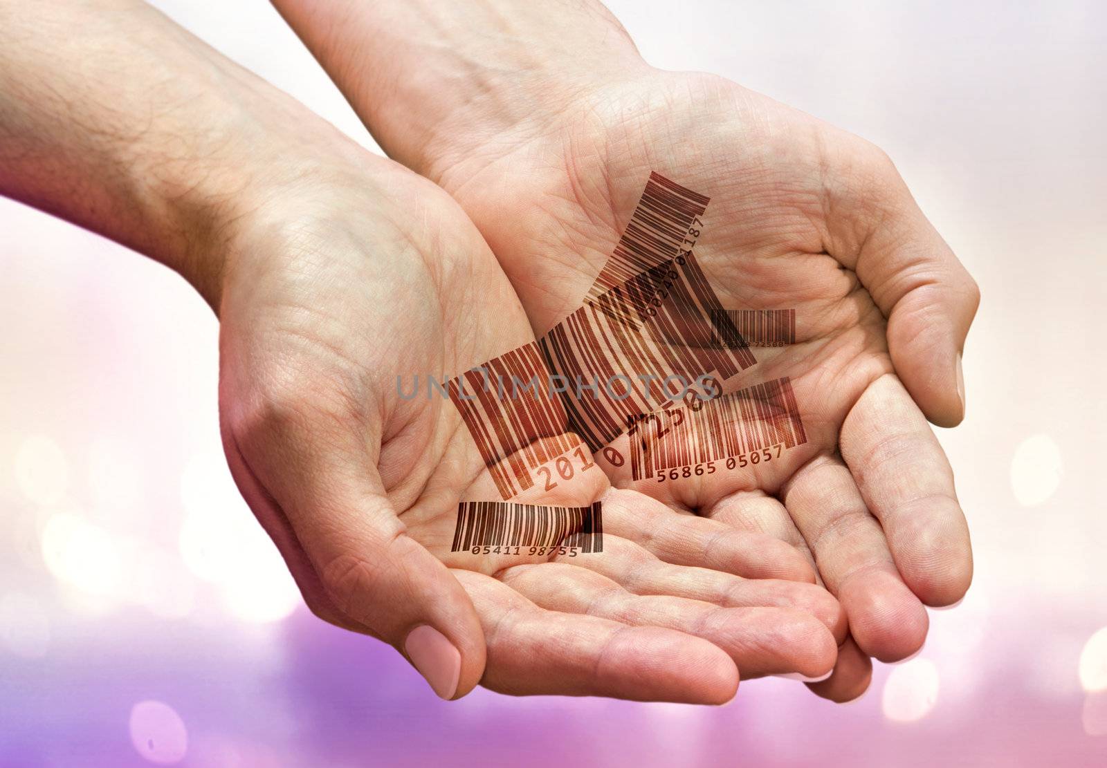 Handful of bar codes in man's palms