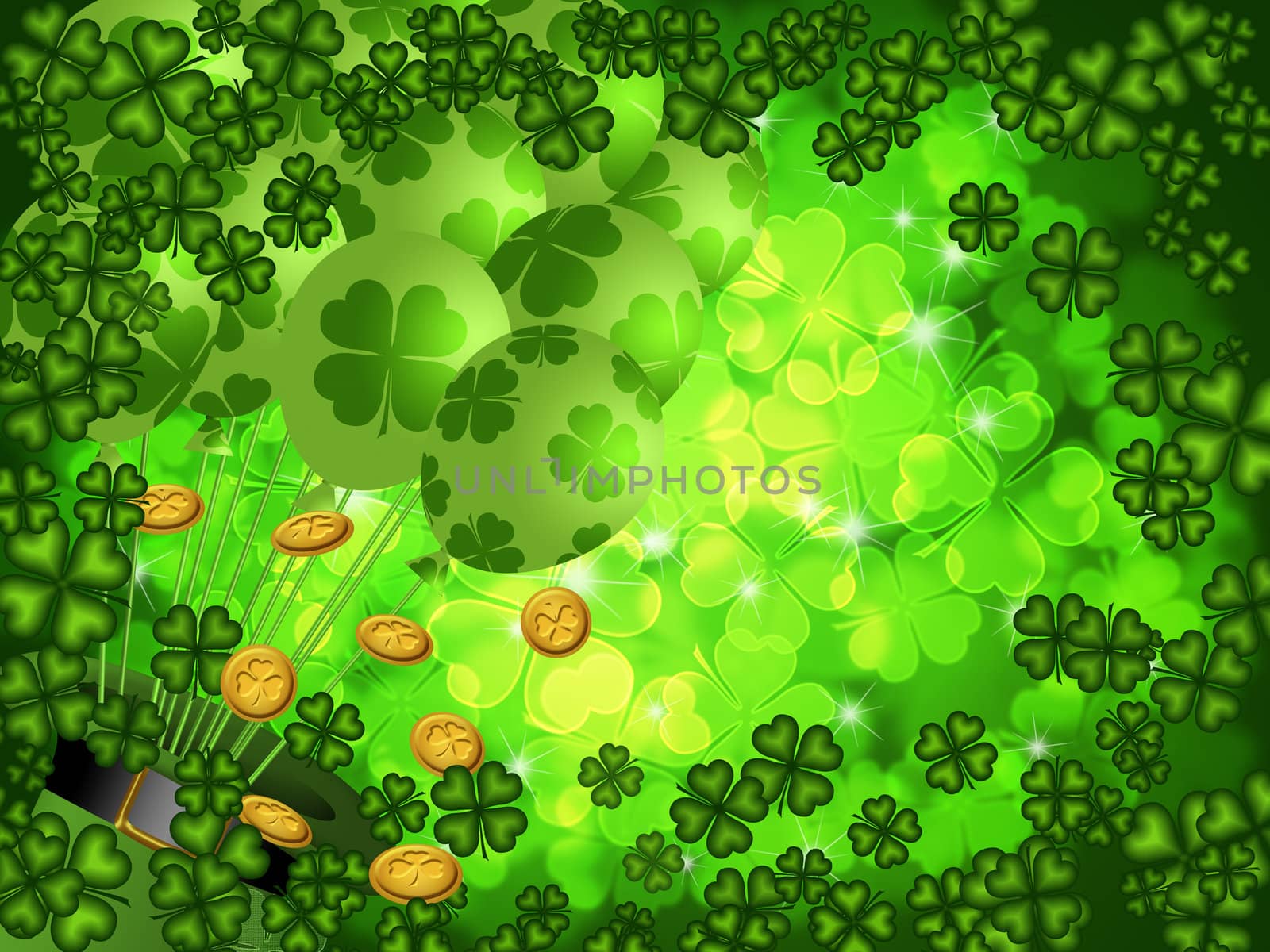 St Patricks Day Four Leaf Clover Shamrock with Leprechaun Hat and Balloons on Blurred Background Illustration