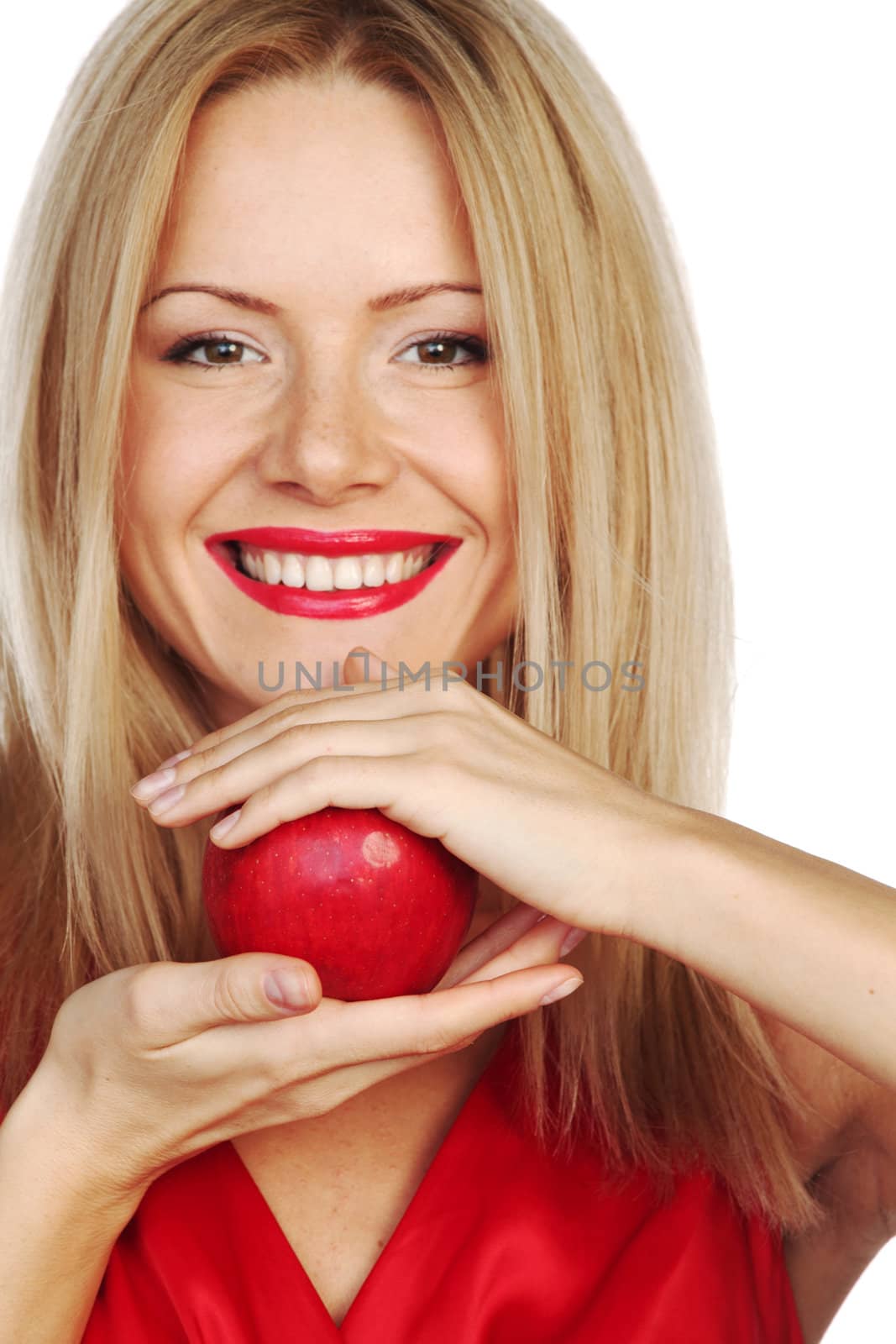 woman eat red apple on white background