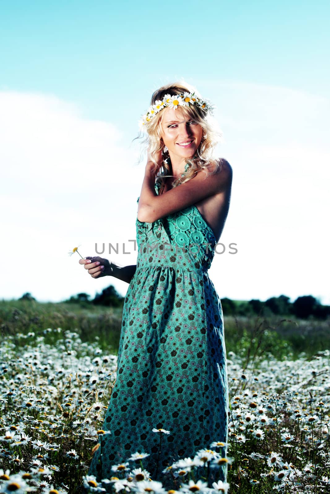 beautiful girl  in dress on the daisy flowers field 