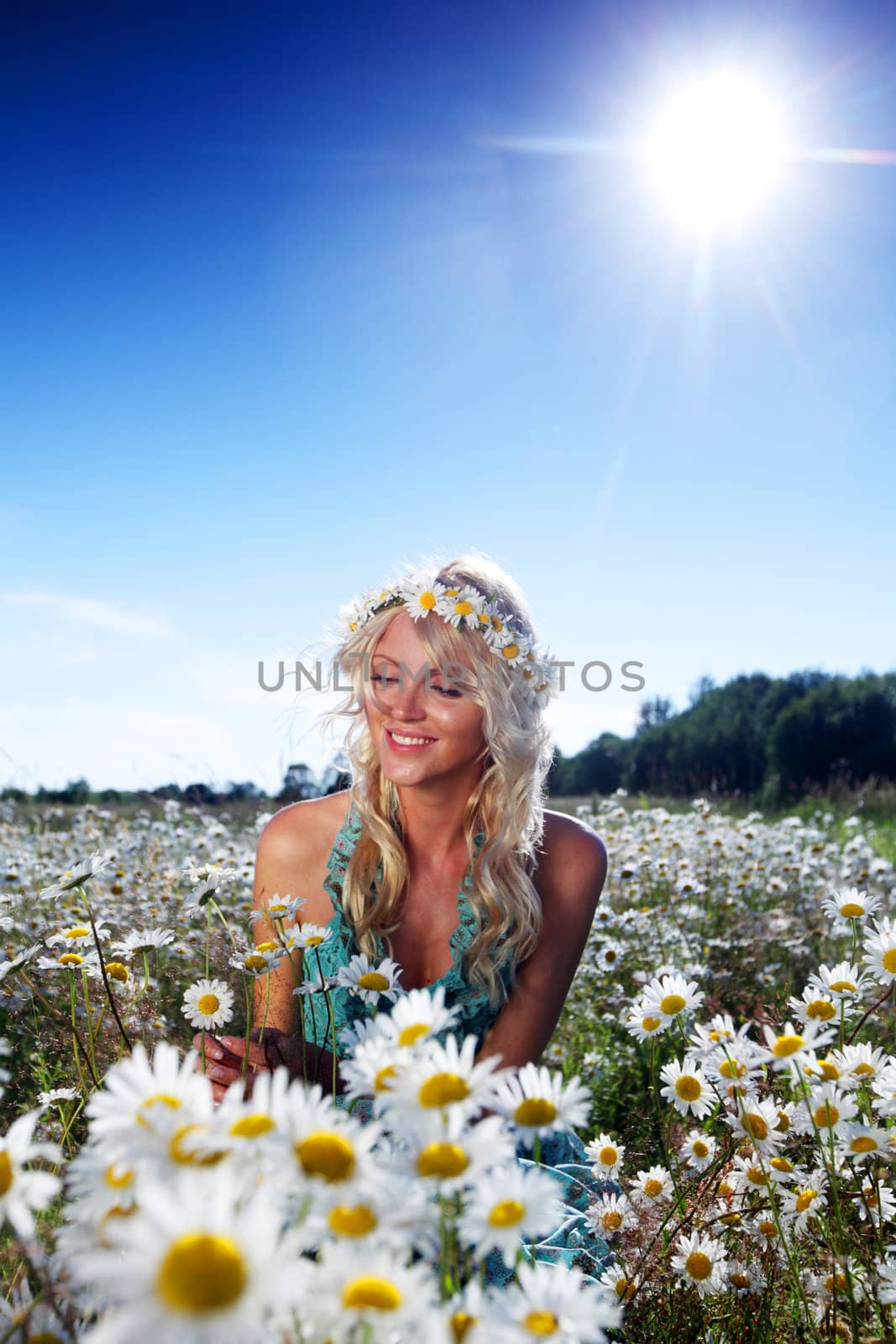 girl in dress on the daisy flowers field by Yellowj