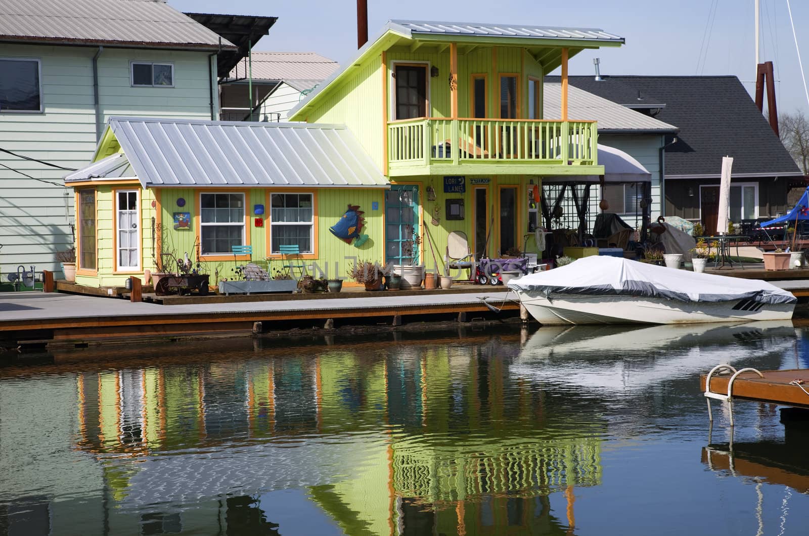 A decorated and colorful floating house, Portland OR.