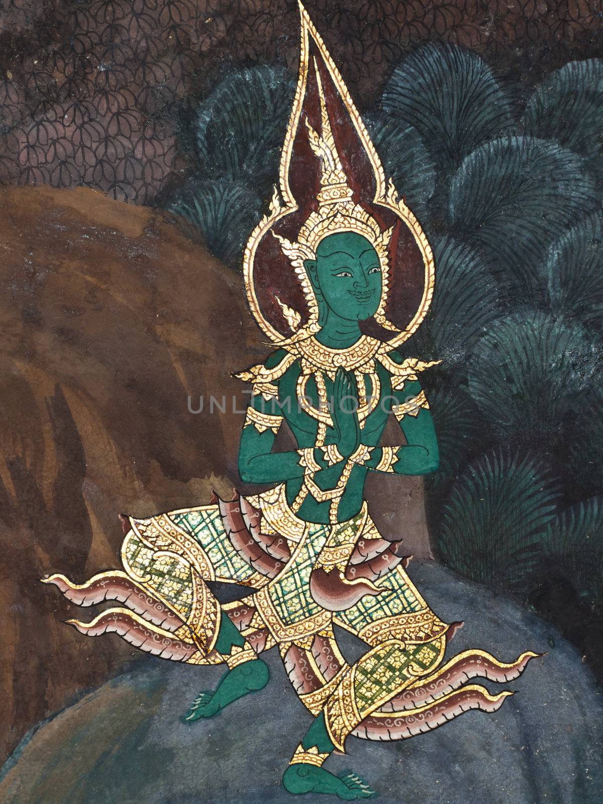 Vintage traditional Thai style art painting on temple for background. by wetchawut