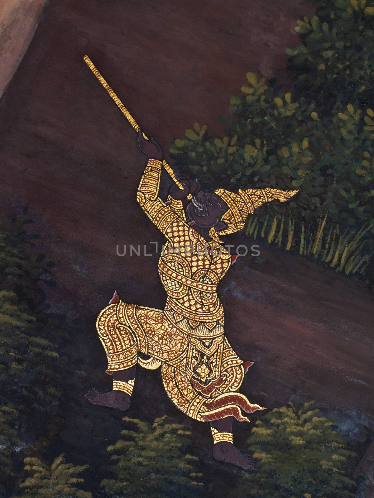 Vintage traditional Thai style art painting on temple for background. by wetchawut