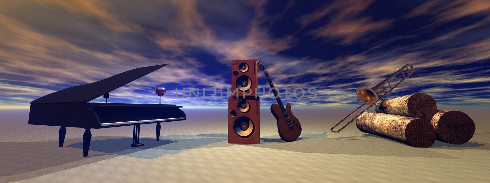 piano and guitar and trombone and music