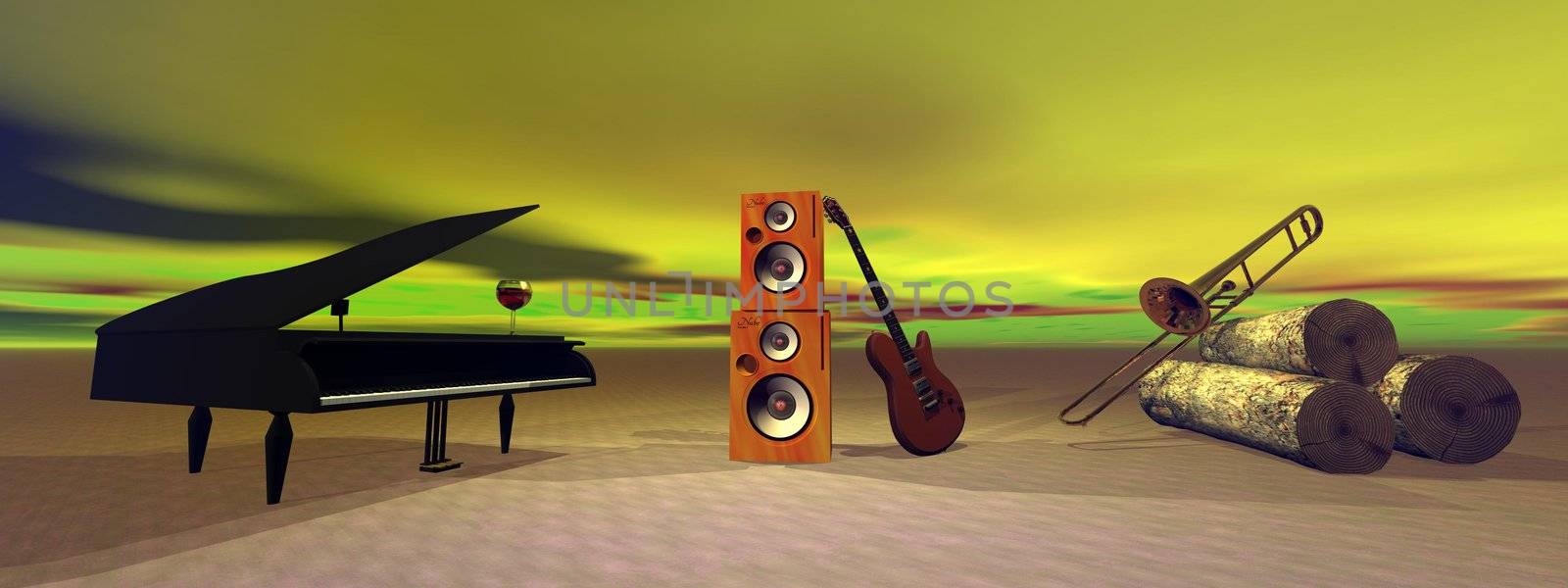 guitar and piano and tombone and yellow sky