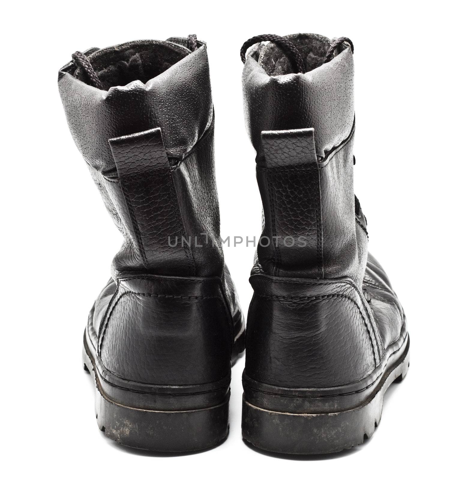 black leather army boots isolated on white
