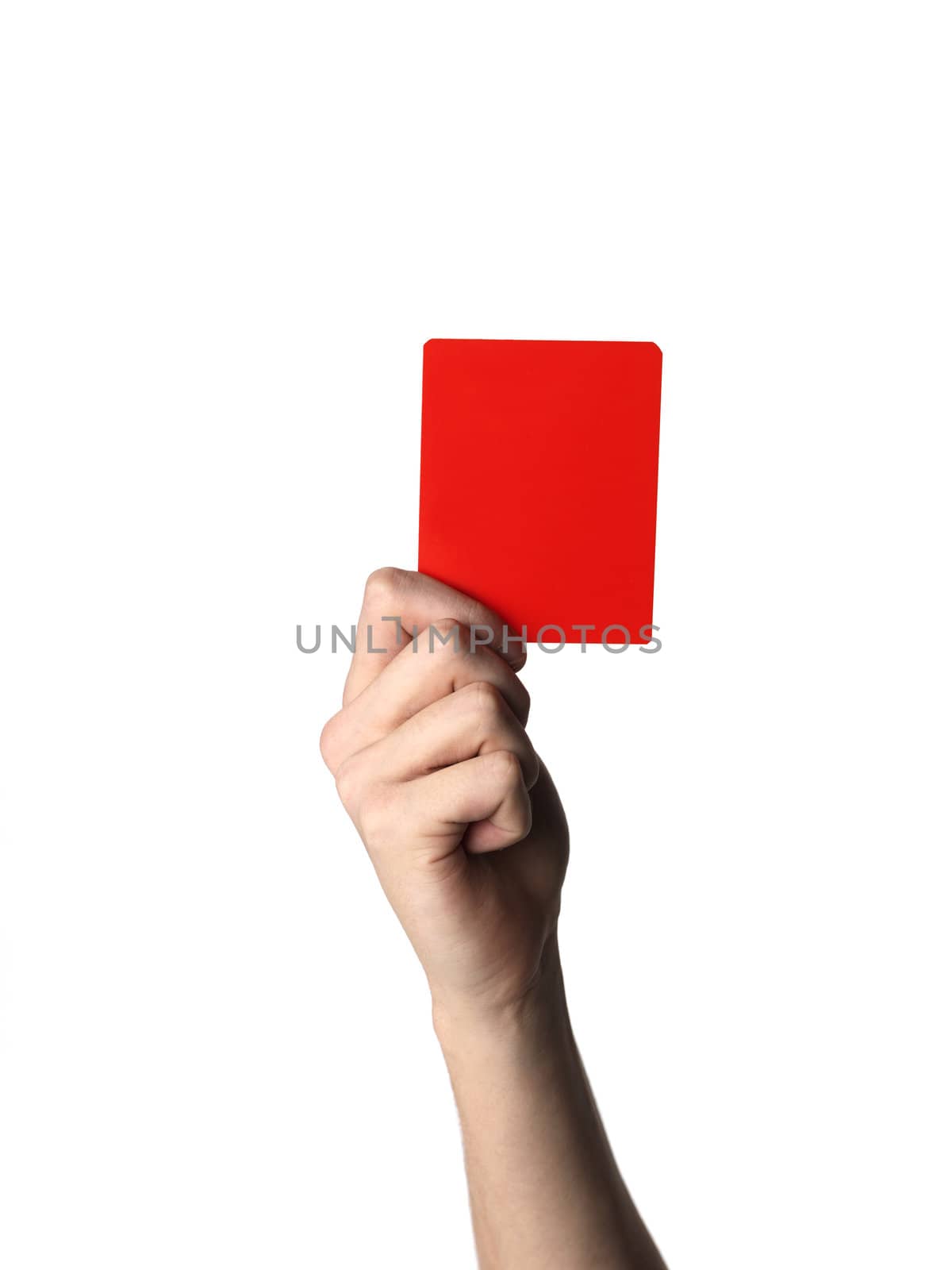 Hand holding up the Red Card isolated on white