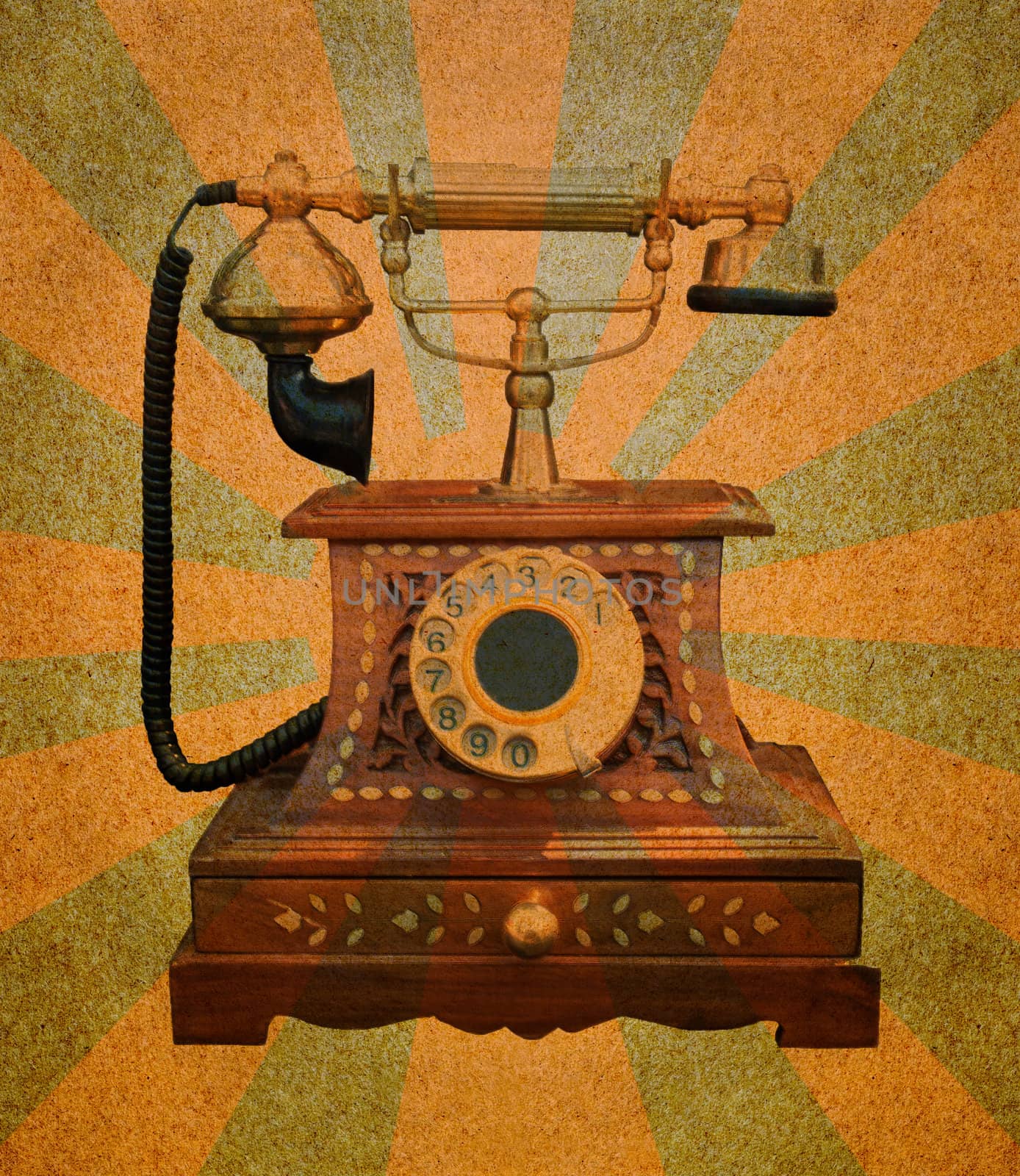 Vintage Telephone on grunge paper  with abstract sun rays