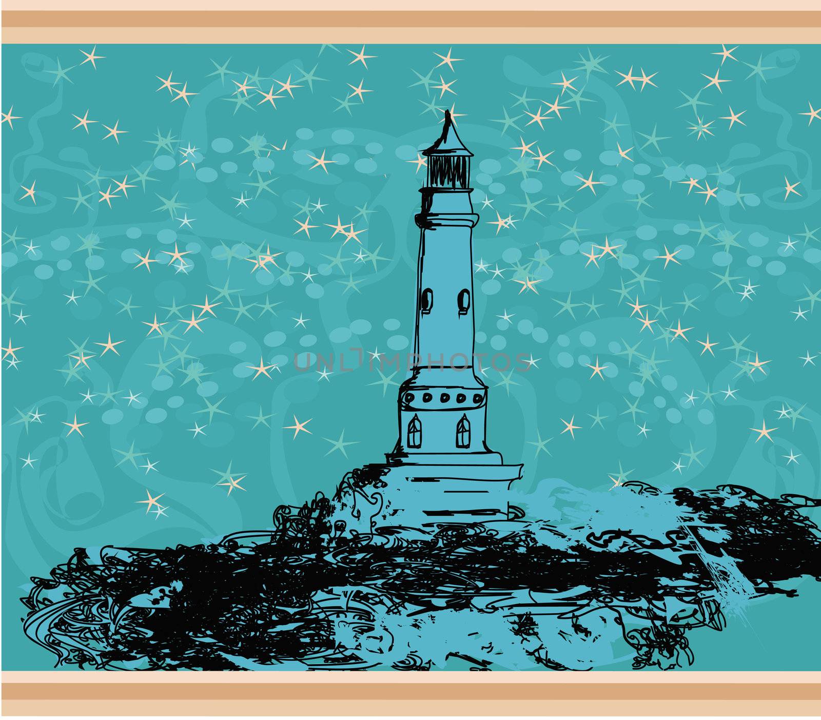 lighthouse seen from a tiny beach - Grunge Poster