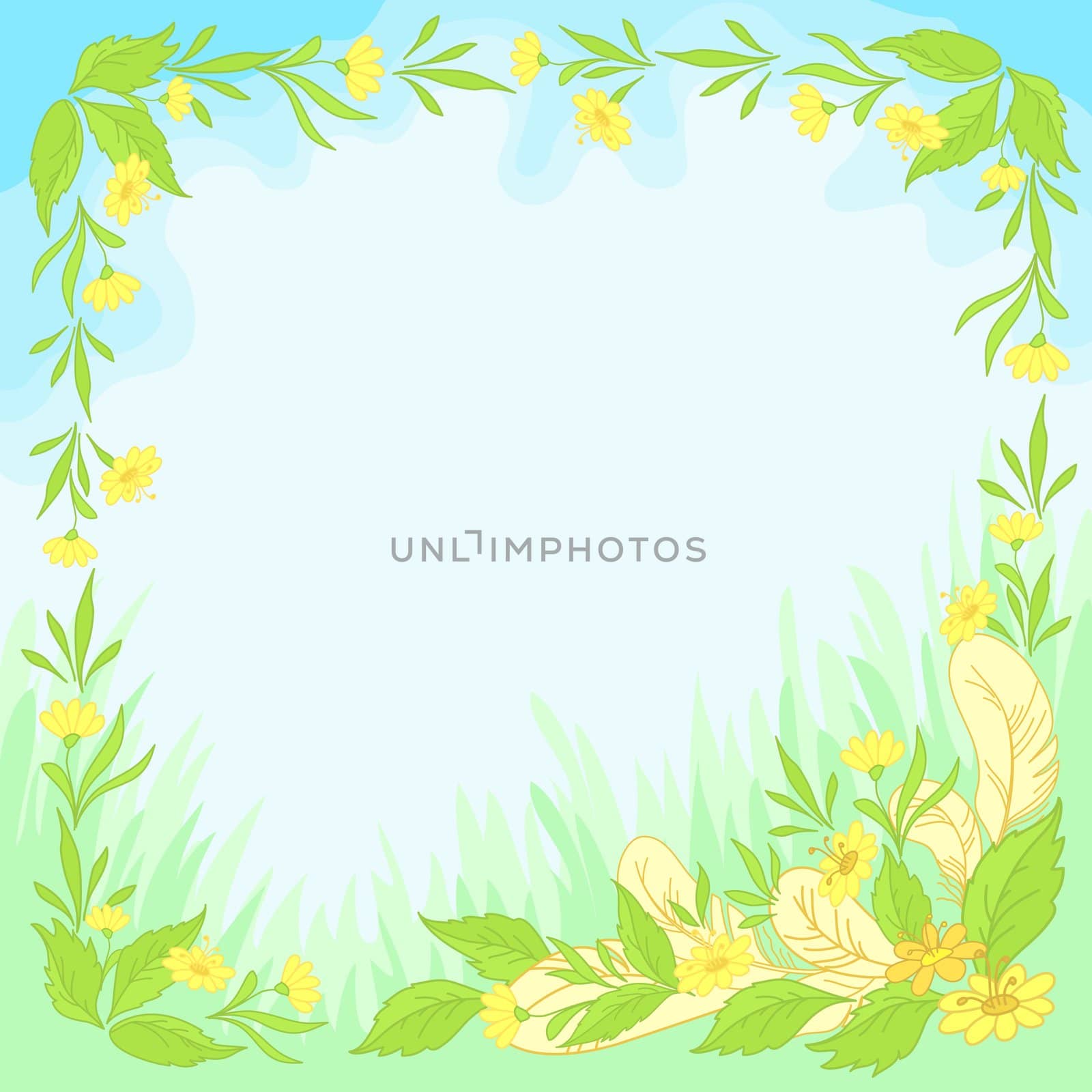Abstract floral background: leaves, flowers and feathers on blue sky