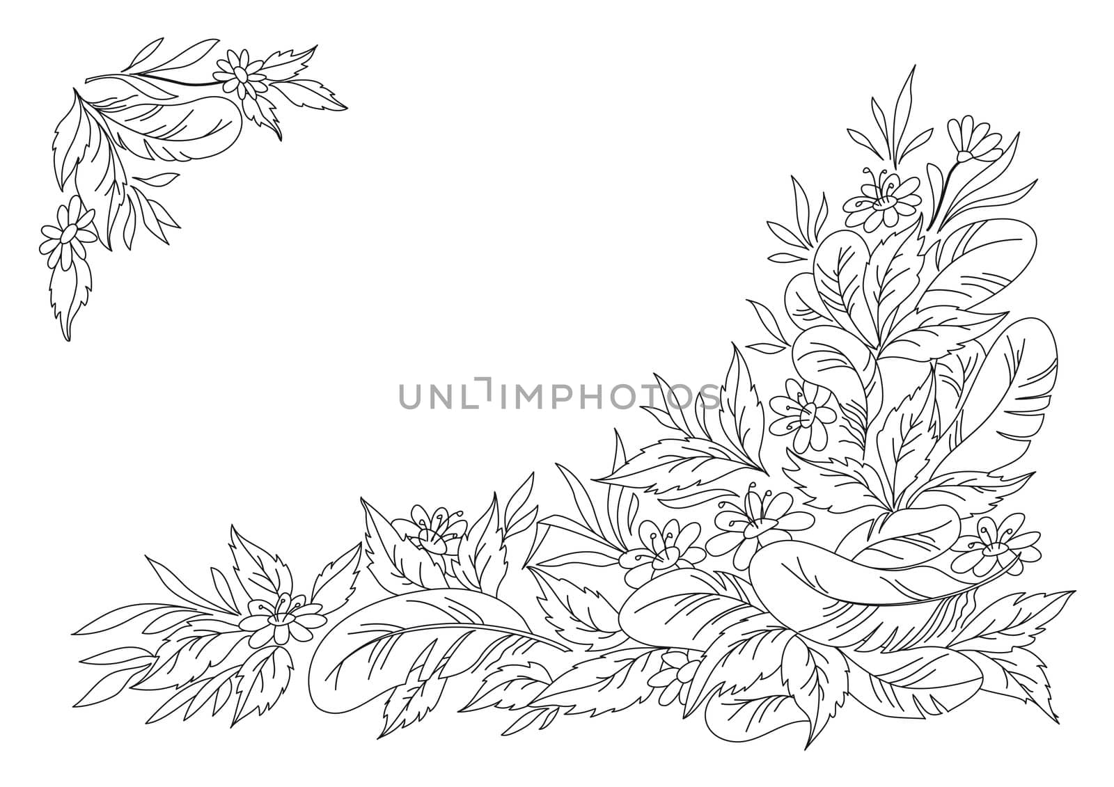 Abstract background, graphic monochrome pattern: leaves, flowers and feathers