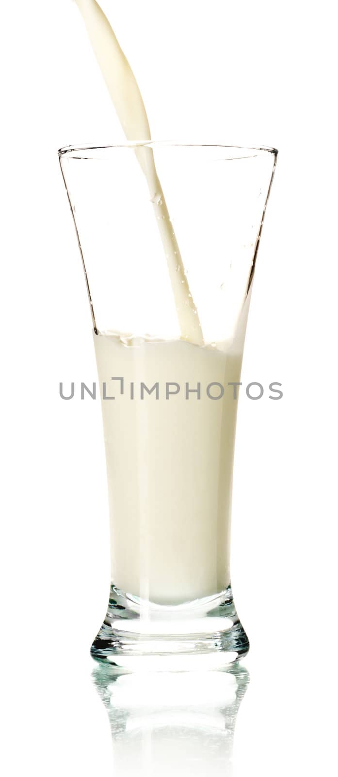 milk poured into glass isolated on white