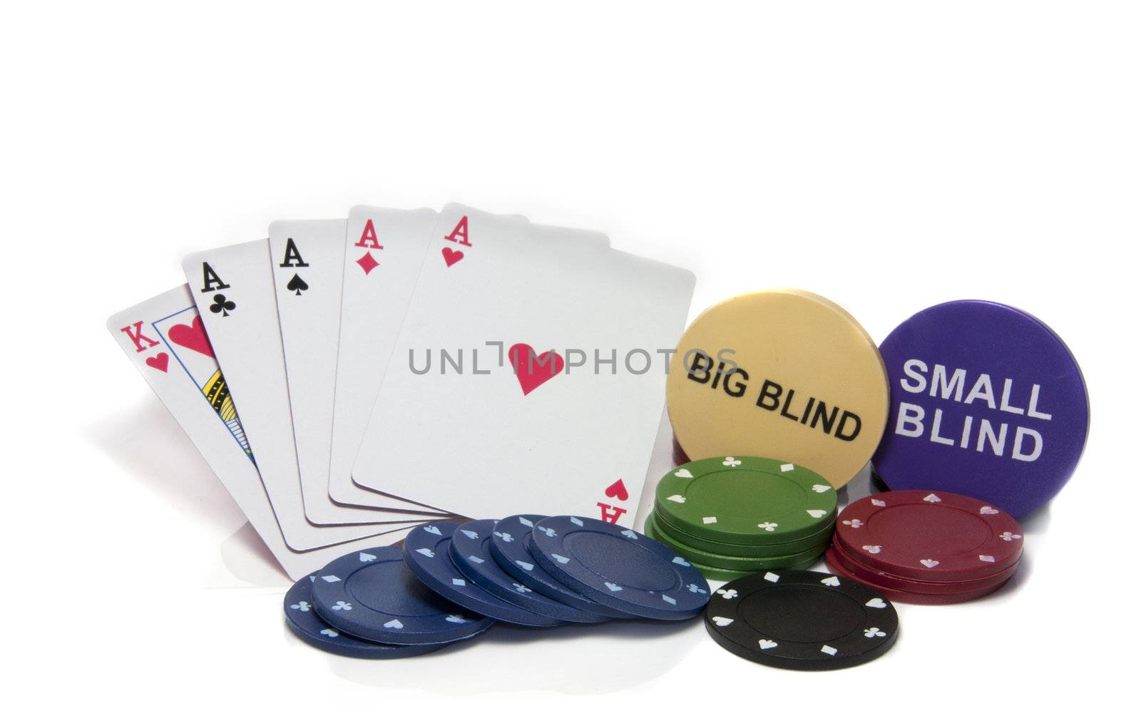 four aces in poker with chips and big and small blind