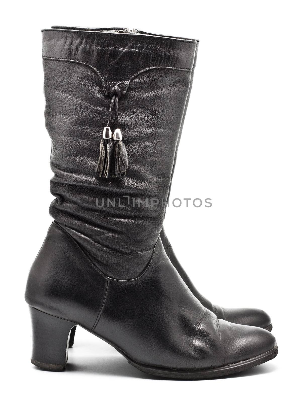 black leather female boots isolated on white