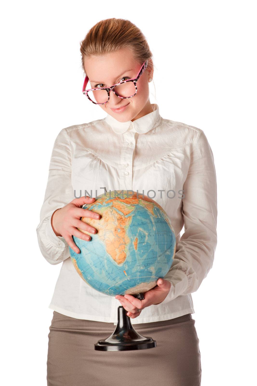 pretty teacher with globe by petr_malyshev