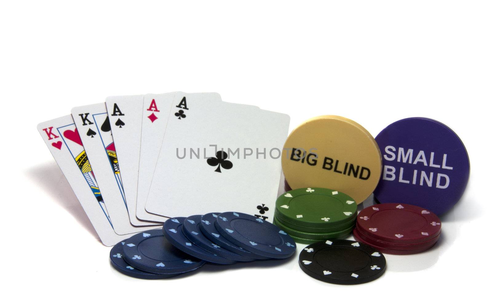 full house in poker with chips on isolated white 