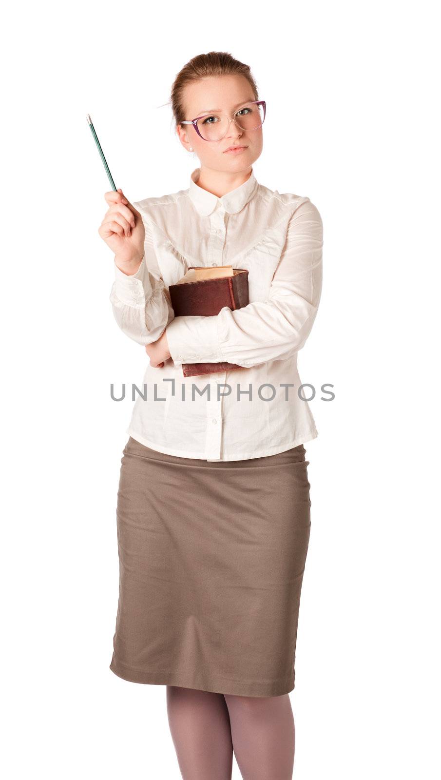 strict teacher with big book isolated on white