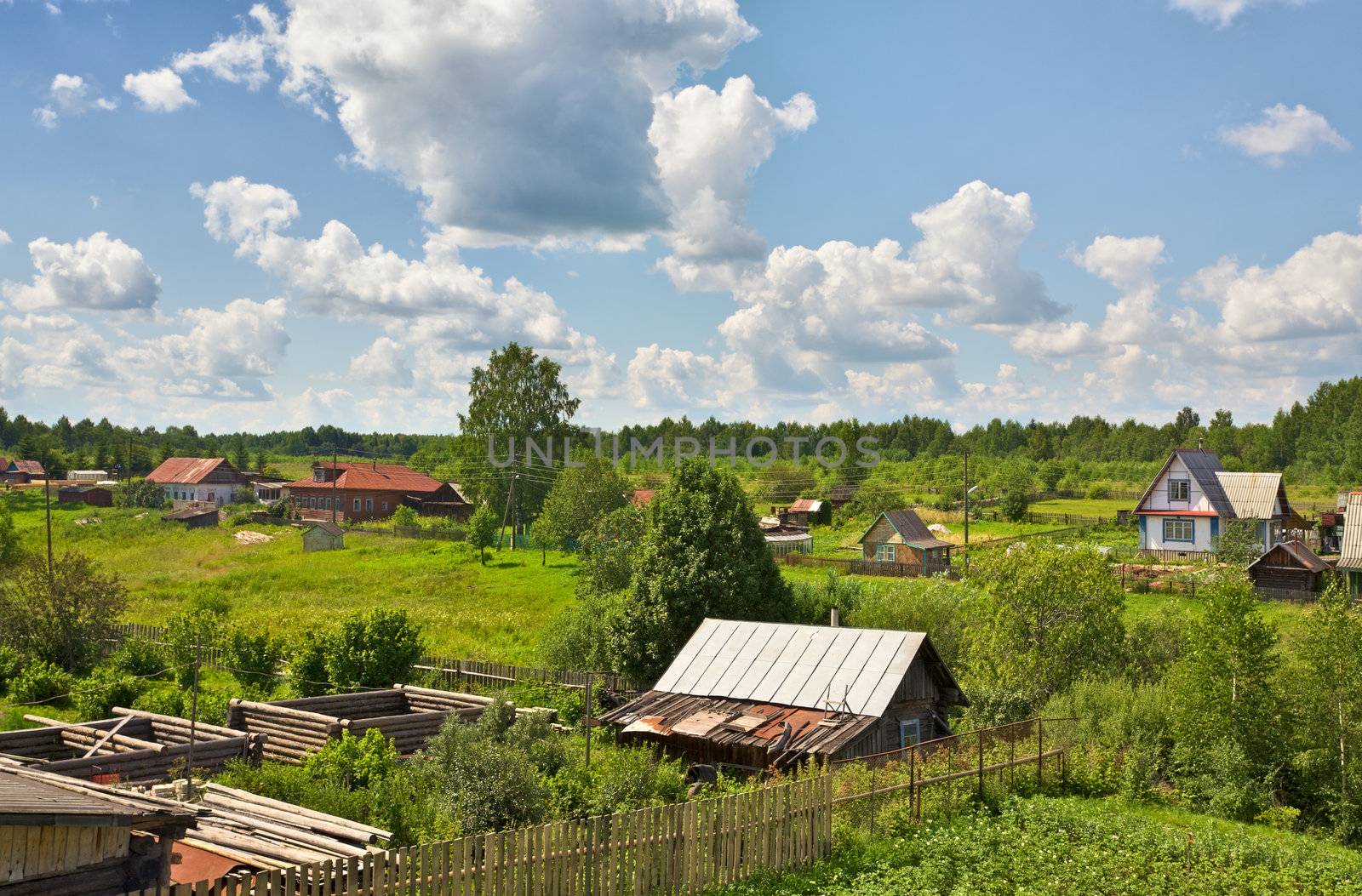 russian village at sunny summer day, high angle view