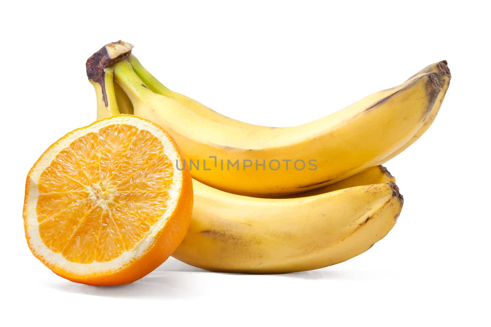 banana bunch and orange isolated on the white background.