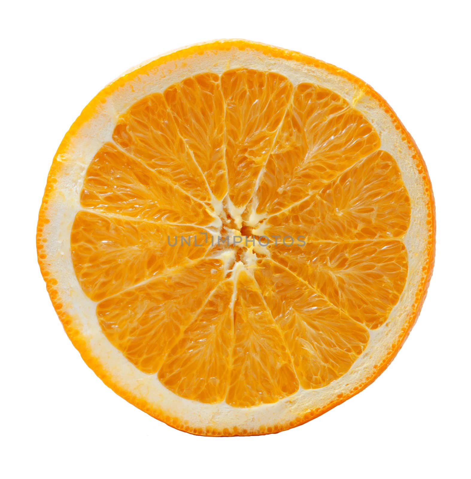 The slice of orange isolated on the white backgroud.