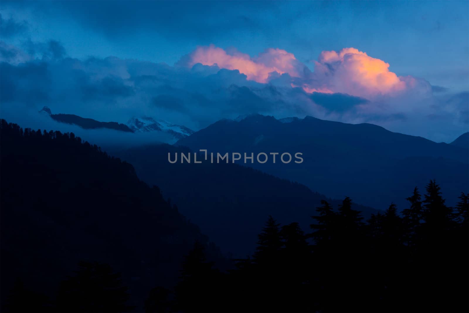 Sunset in Himalayas. Manali, Kullu Valley, Himachal Pradesh, India