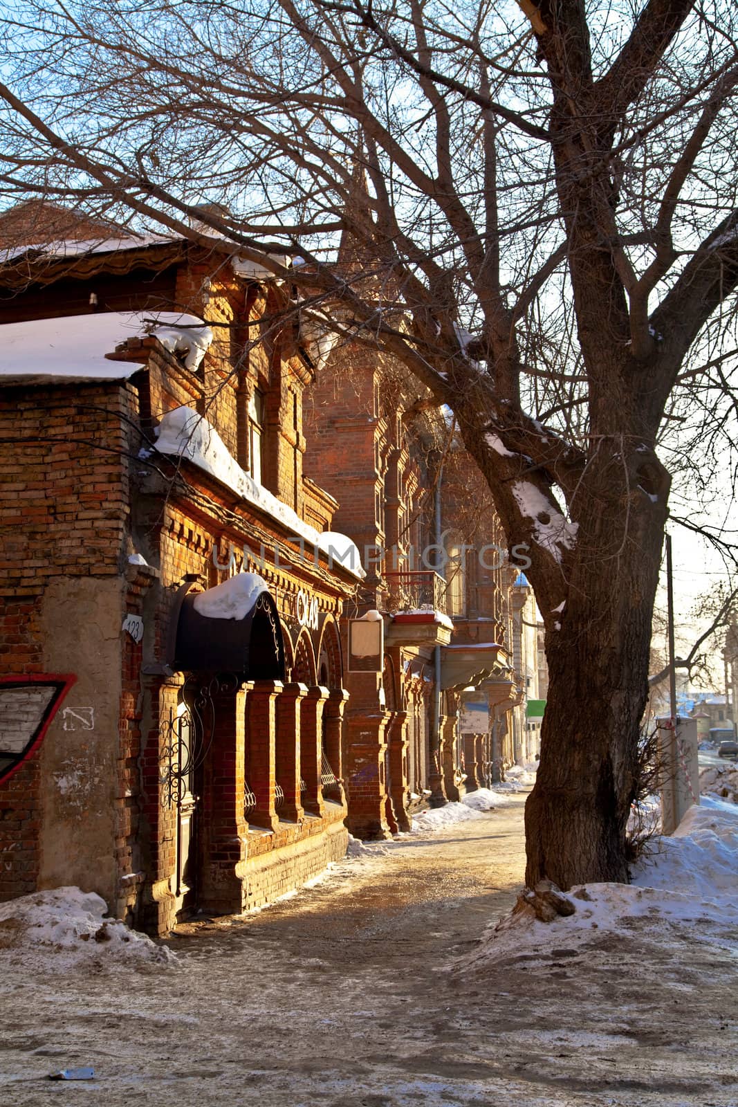 Old house in the sunset at the winter outside. Samara, the historic city center. Urban Landscape