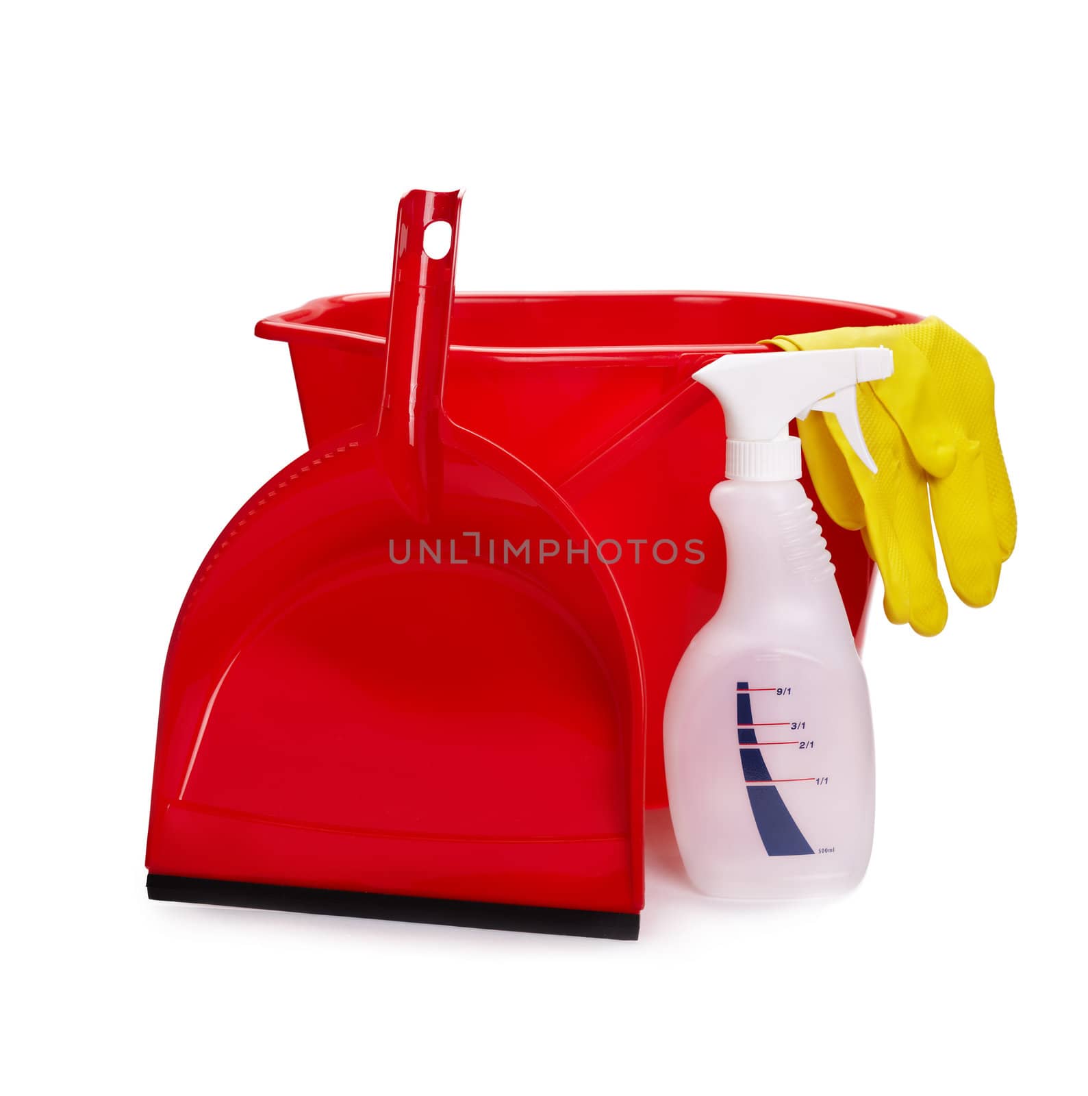 A Bucket with Cleaning Supplies isolated on White 