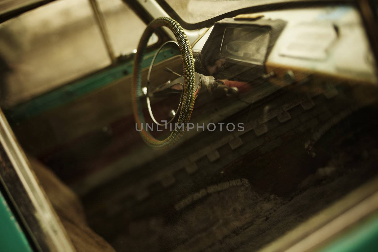 View of the interior of an old vehicle, made with tilt-shift lens