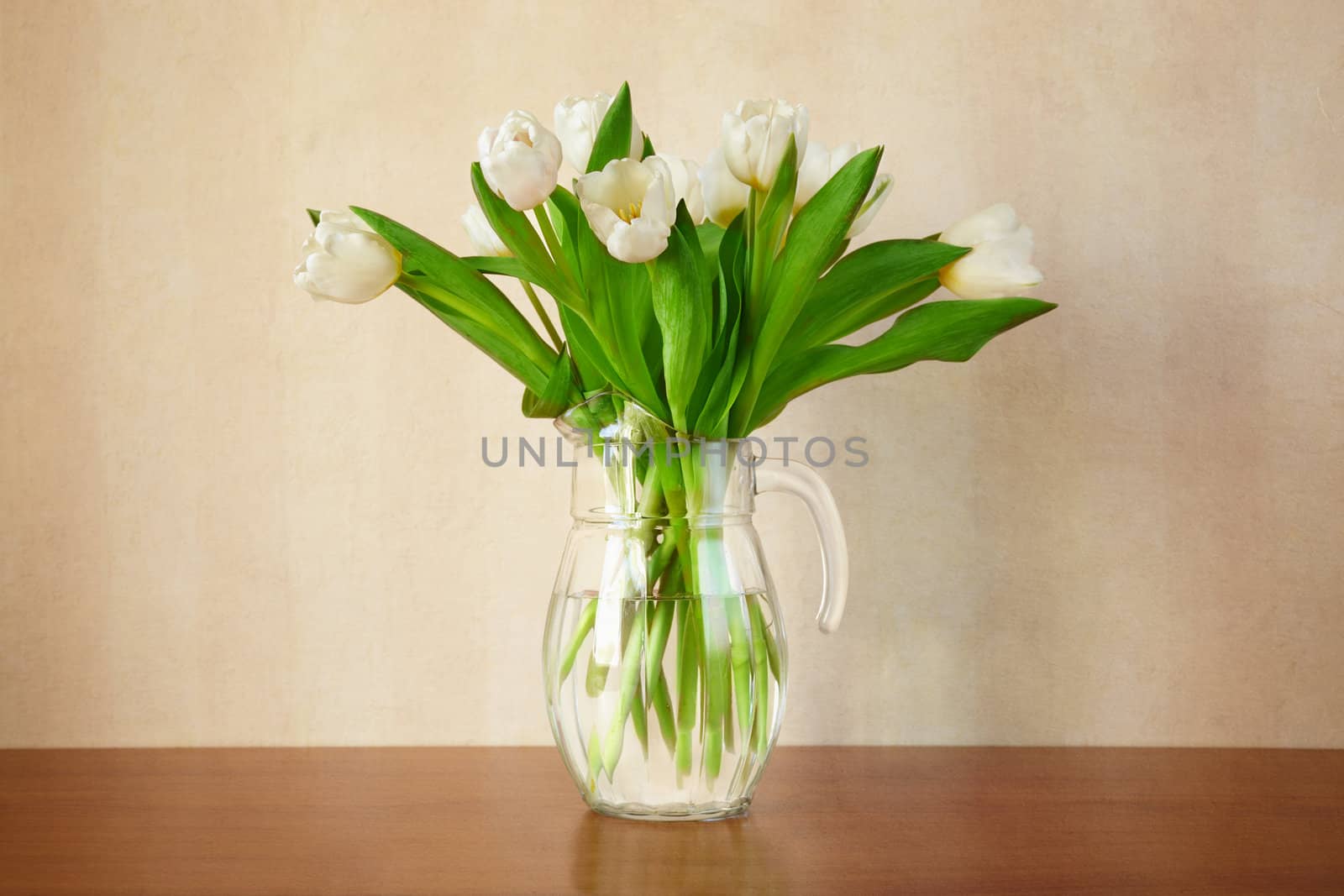 white tulips in living room , with grunge texture /x