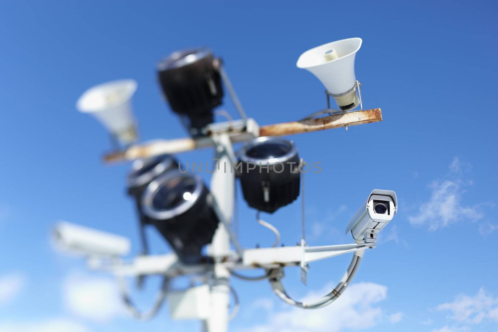 Surveillance Security Cameras or CCTV on blue sky ,made with tilt-shift lens