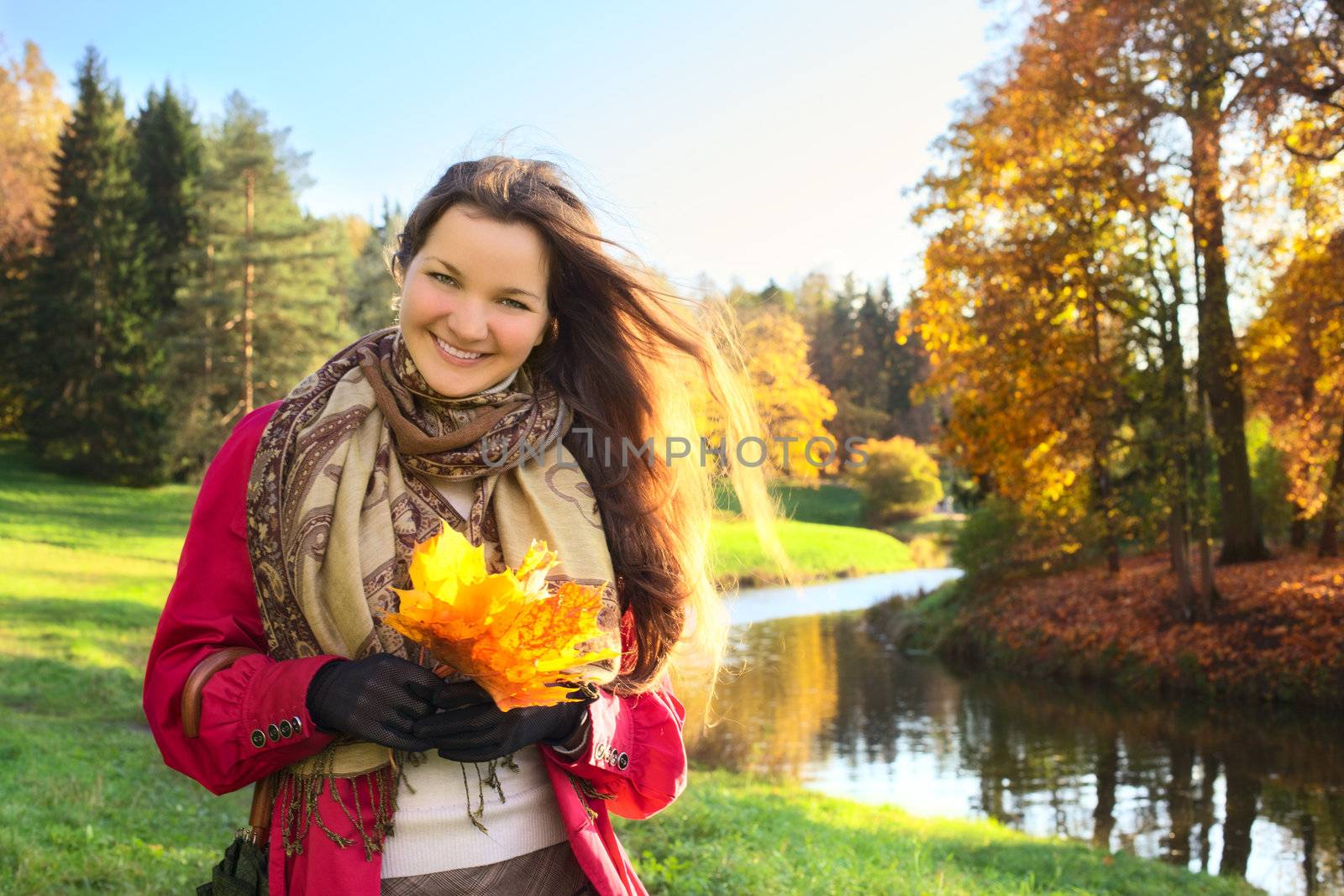 beautiful girl with bunch of maple leaves in autumn park