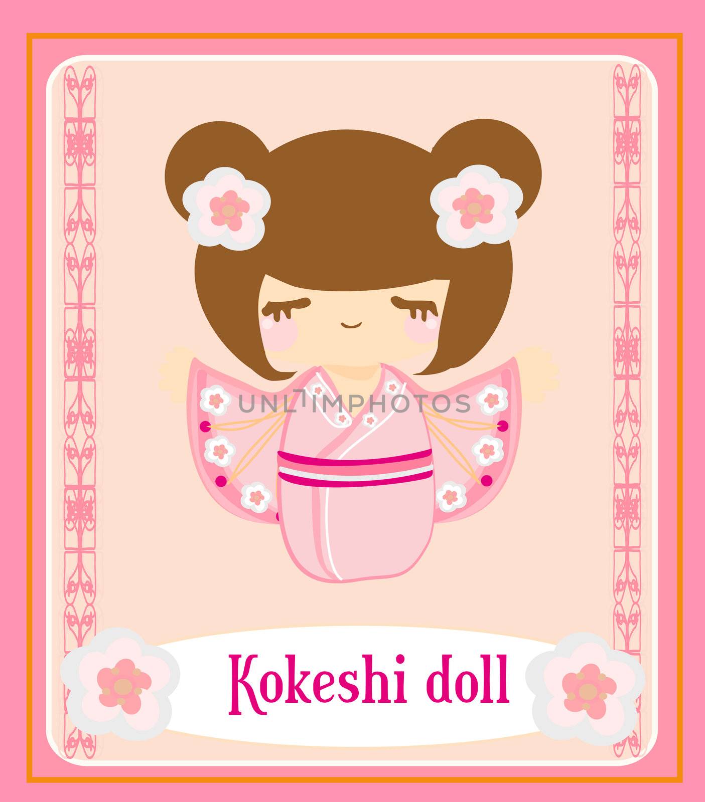 Kokeshi doll on the pink background with floral ornament