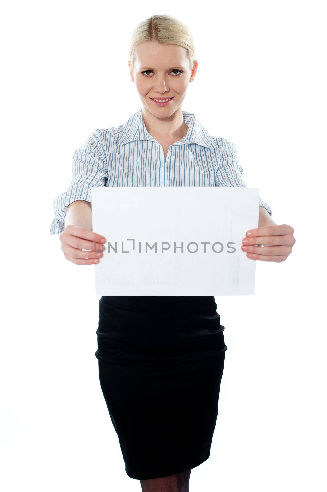 Corporate woman holding a blank billboard against white background