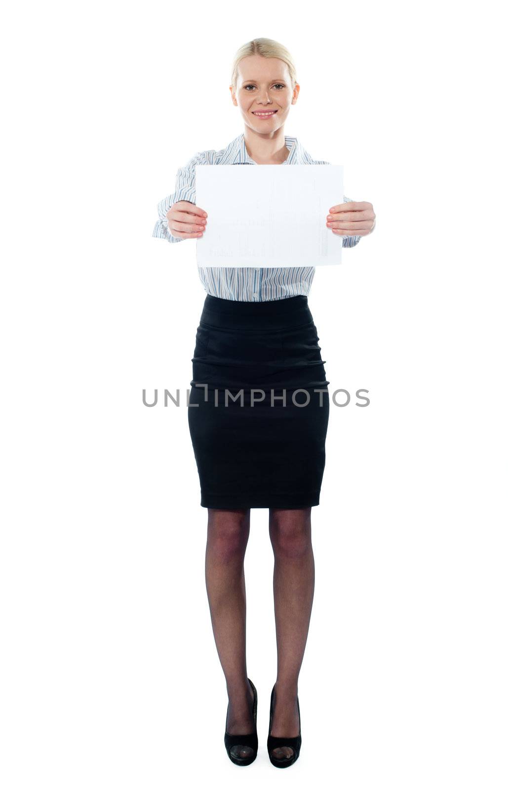 Caucasian female executive holding a blank billboard isolated on white background